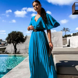 Petrolejové elegantní šaty PARFOMELLE s výsřihem do V Velikost: ONESIZE