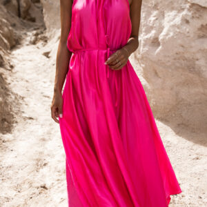 Růžové dlouhé lesklé elegantní šaty MADES se zavazováním