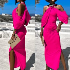 Růžové elegantní šaty LOYLENE s rozparkem Velikost: ONESIZE