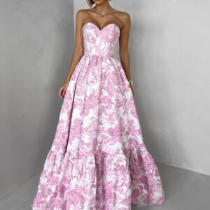 Růžové společenské dlouhé šaty VENOLIA s květinovým vzorem Velikost: XL