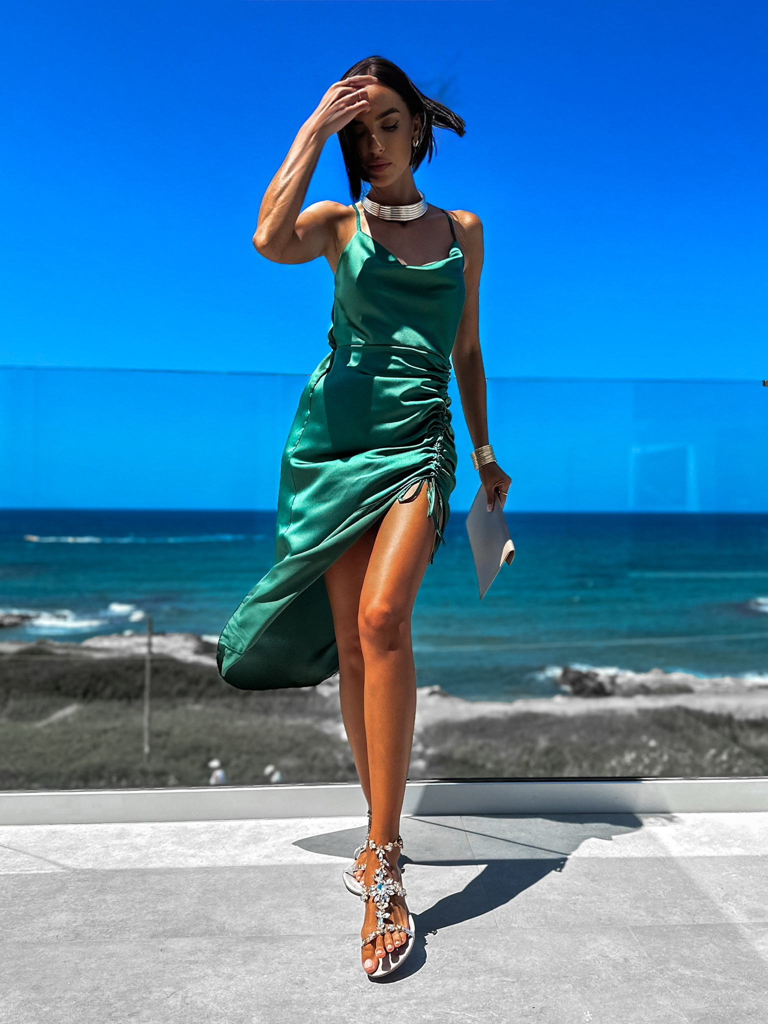 Smaragdové elegantní šaty STELLAR s řasením Velikost: ONESIZE - Obrázek 2