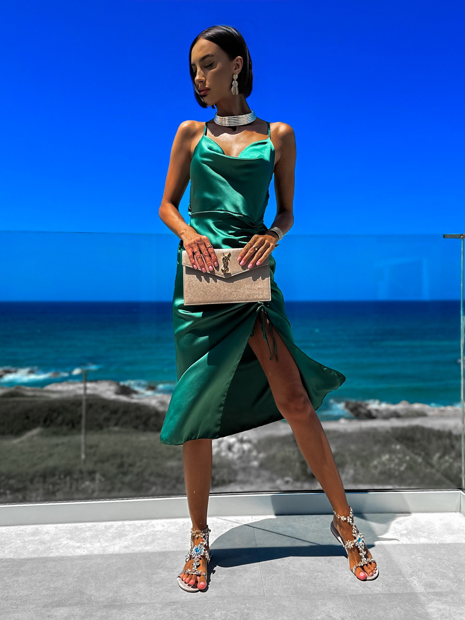 Smaragdové elegantní šaty STELLAR s řasením Velikost: ONESIZE - Obrázek 3