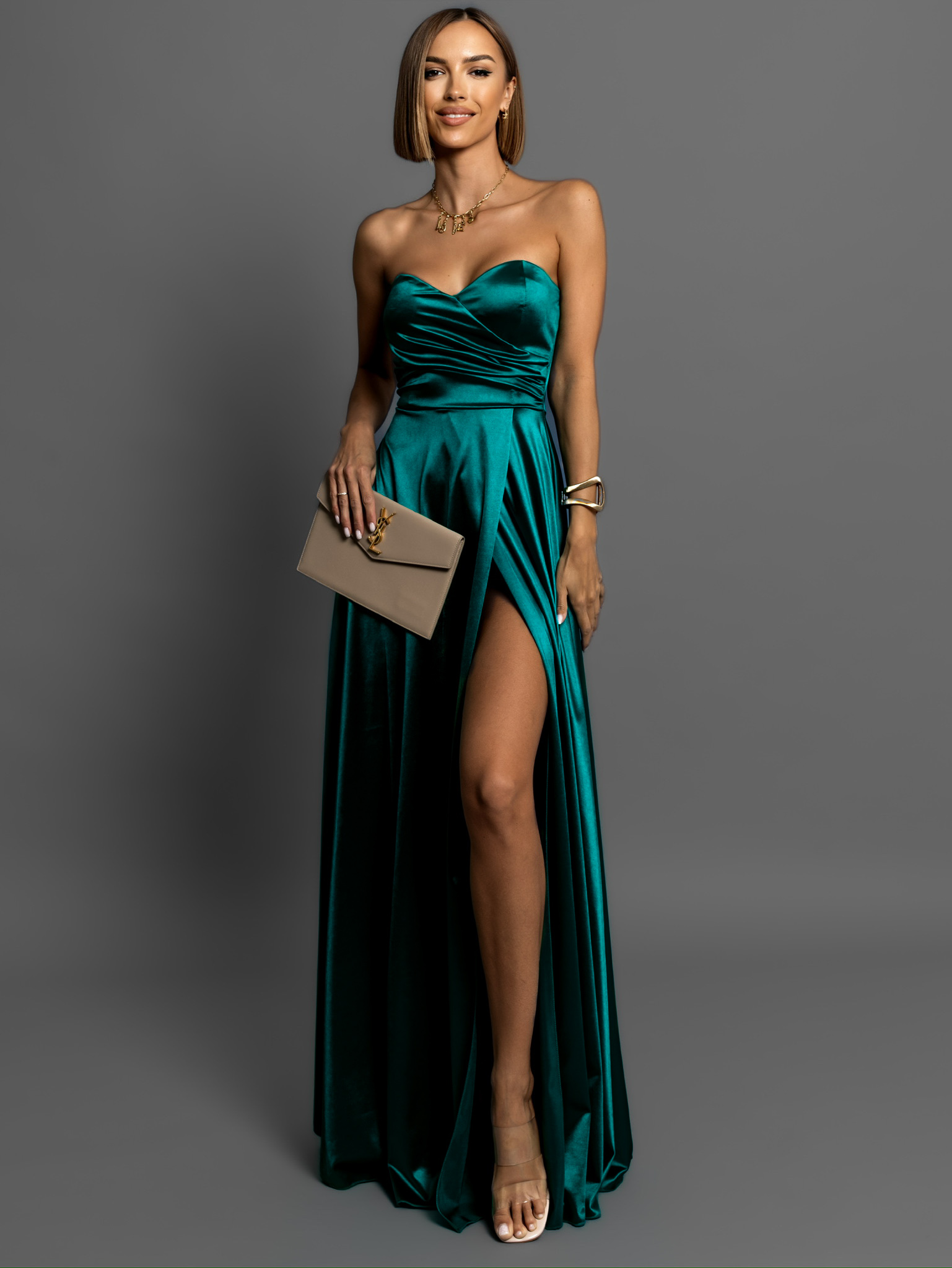 Smaragdové saténové společenské šaty SYCHAEUS bez ramínek Velikost: ONESIZE - Obrázek 2