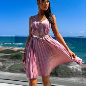 Starorůžové lesklé plisované šaty CLAURA se zlatým páskem Velikost: ONESIZE