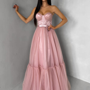 Starorůžové plesové společenské tylové šaty DELARIL s mašlí Velikost: L