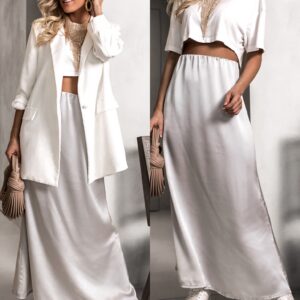 Stříbrná saténová elegantní sukně RUZOVEL Velikost: ONESIZE