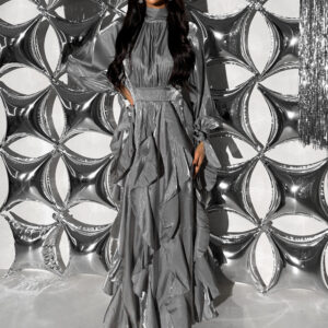 Stříbrné elegantní dlouhé šaty BELVORA s volány Velikost: ONESIZE