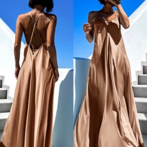 Světle hnědé dlouhé lesklé šaty HAYLEY