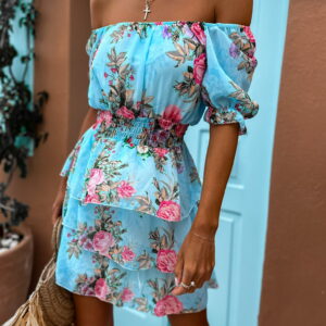 Světle modré květinové šaty LUOVARE s volánky Velikost: ONESIZE