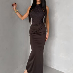 Tmavě hnědé společenské krajkové šaty OLIVIEN s body Velikost: ONESIZE