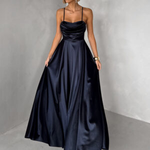 Tmavě modré saténové dlouhé společenské šaty LUNOREX Velikost: ONESIZE