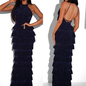 Tmavě modré večerní volánkové šaty BOMPRI Velikost: L