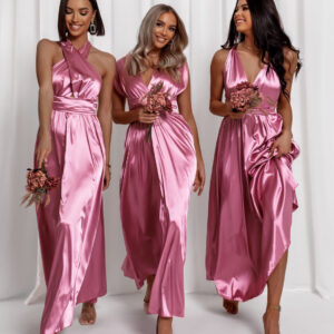 Tmavě růžové lesklé šaty VALERDY s variabilním vázáním / bez rozparku