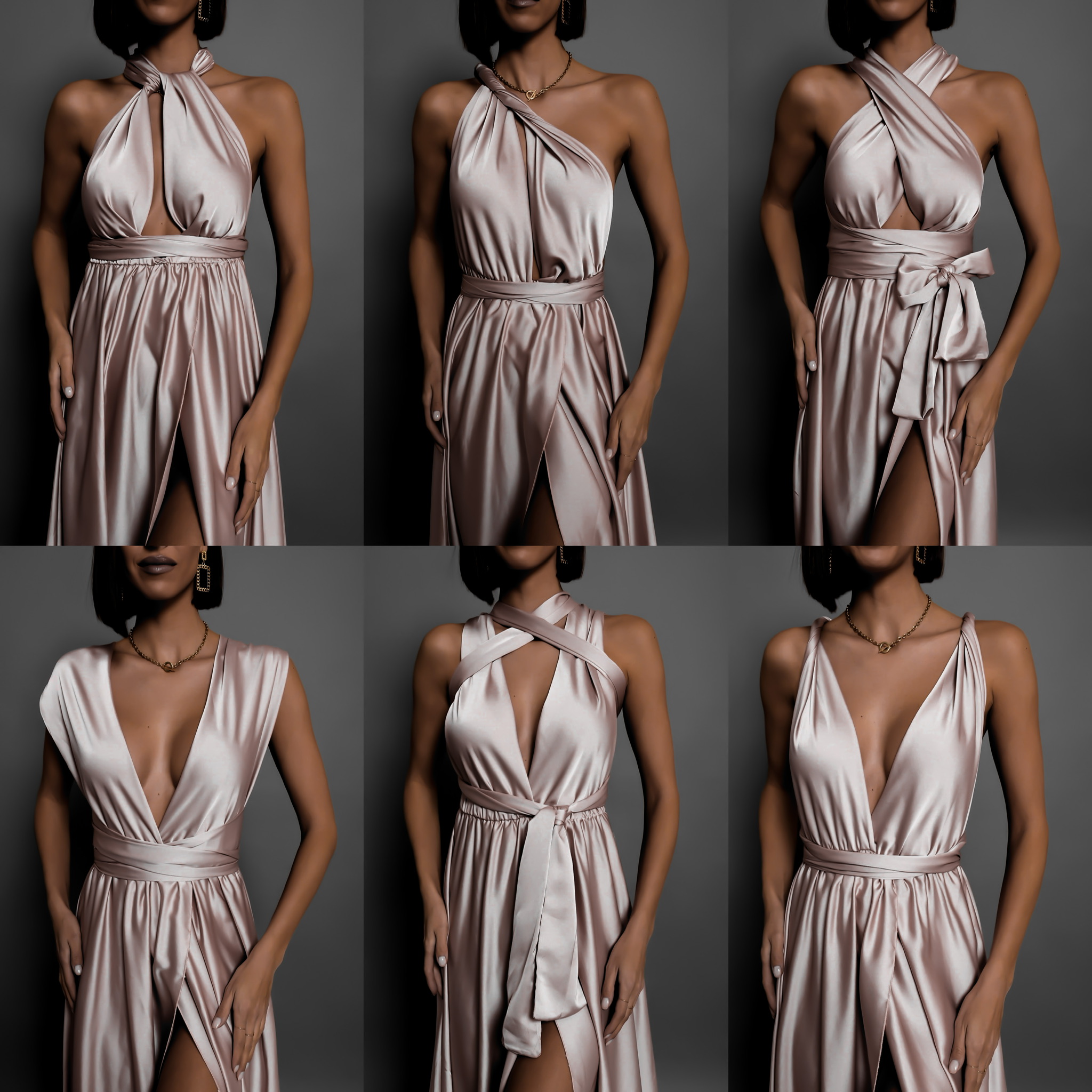 Tyrkysové lesklé šaty VALERDI s variabilním vázáním a rozparkem - Obrázek 2