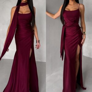 Vínové společenské dlouhé šaty BELUNA se šálem Velikost: ONESIZE