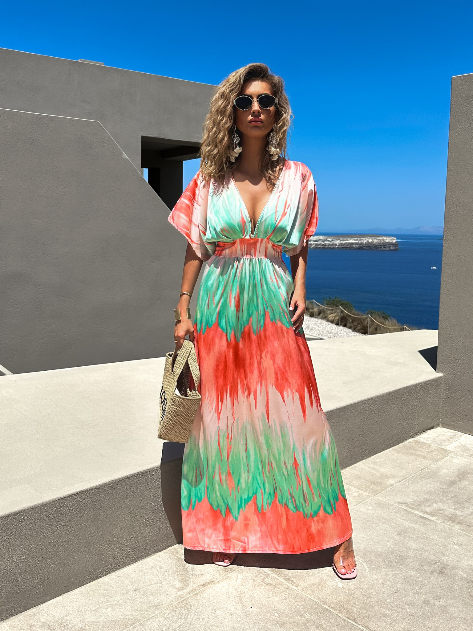 Zelenooranžové barevné dlouhé šaty DICKET s výstřihem Velikost: ONESIZE - Obrázek 3