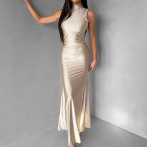 Béžové dlouhé společenské šaty LETERA s řasením Velikost: ONESIZE