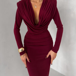 Bordó dlouhé společenské šaty MARVO s řasením Velikost: ONESIZE