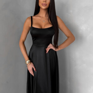 Černé dlouhé saténové společenské šaty HELSIN na ramínka Velikost: ONESIZE