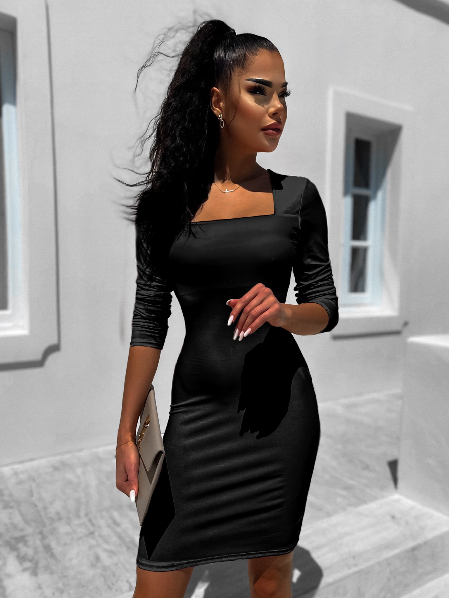 Černé elegantní šaty RIENYE s dlouhým rukávem Velikost: ONESIZE - Obrázek 2