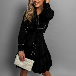 Černé košilové šaty MUSTAFA s perličkami 95% bavlna Velikost: ONESIZE