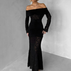 Černé krajkové dlouhé večerní šaty ODELIA s řasením Velikost: ONESIZE