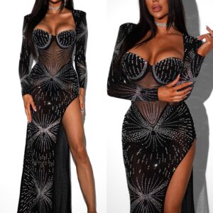 Černé luxusní třpytivé večerní šaty JAZUCI s rozparkem a body Velikost: S