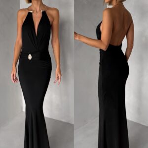 Černé společenské dlouhé šaty ARKENY s ozdobou Velikost: S/M