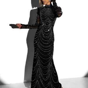 Černé třpytivé dlouhé šaty BISERKA s dlouhým rukávem Velikost: M