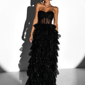 Černé třpytivé tylové šaty CAITLINE s volány Velikost: L