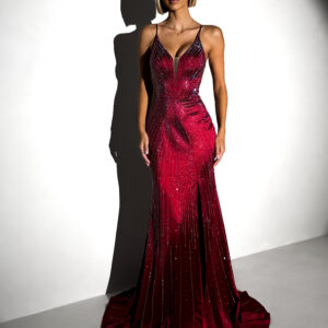 Červené plesové třpytivé šaty RAVELLE s rozparkem Velikost: L