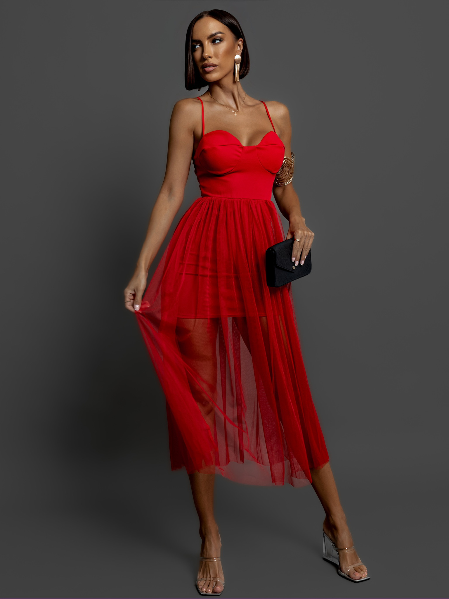 Červené tylové šaty POLOWA Velikost: ONESIZE