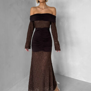 Hnědé krajkové dlouhé šaty ODELIA s řasením Velikost: ONESIZE