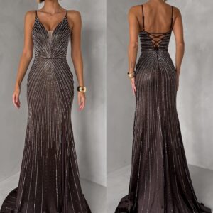 Hnědé luxusní plesové třpytivé šaty RAVELLE na ramínka Velikost: M
