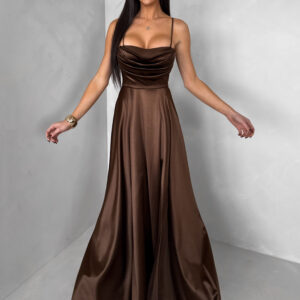 Hnědé saténové dlouhé společenské šaty LUNOREX Velikost: ONESIZE