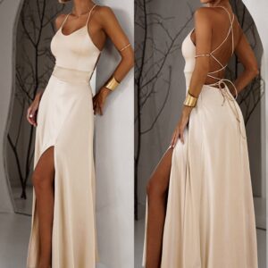 Krémové saténové dlouhé šaty SIMUEL se šněrováním Velikost: ONESIZE