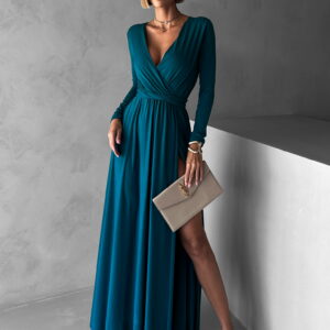 Petrolejové dlouhé šaty JOELLIAN s dlouhým rukávem Velikost: ONESIZE