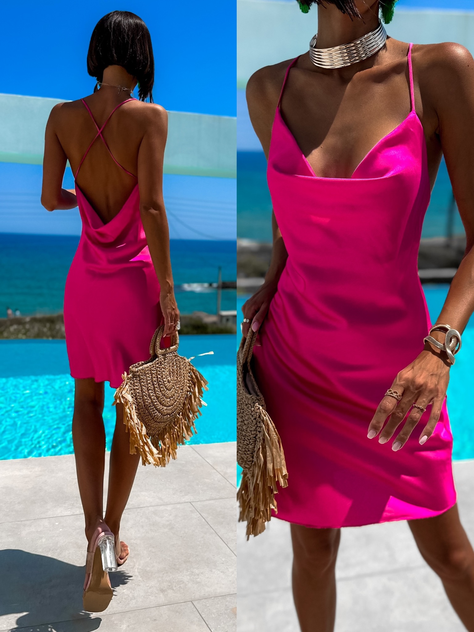 Růžové lesklé šaty IZZY s tenkými ramínky