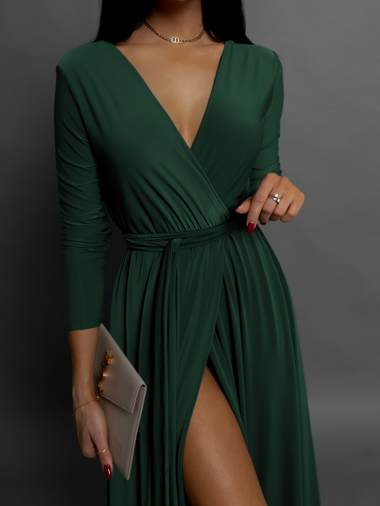 Smaragdové dlouhé večerní šaty JOELLIAN s dlouhým rukávem Velikost: ONESIZE - Obrázek 2