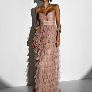 Starorůžové plesové tylové šaty BRUNHIL s volánky Velikost: M