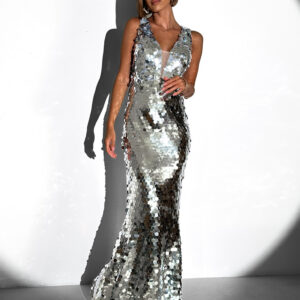 Stříbrné třpytivé dlouhé večerní šaty SYVAT Velikost: L