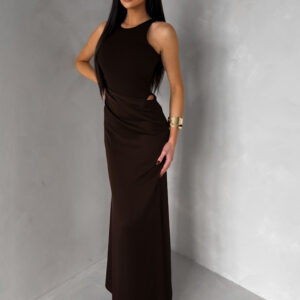 Tmavě hnědé elegantní saténové šaty VELMORO s body Velikost: ONESIZE