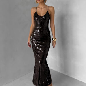 Tmavě hnědé flitrované dlouhé plesové šaty SCINTIA Velikost: ONESIZE