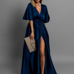 Tmavě modré saténové dlouhé šaty GO HOME s krátkým rukávem Velikost: ONESIZE