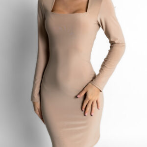 Béžové basic elastické šaty RIENYE s dlouhým rukávem Velikost: ONESIZE