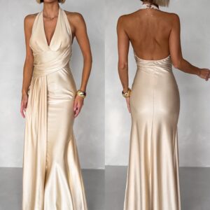 Béžové dlouhé společenské šaty CELESTIA s vlečkou Velikost: ONESIZE