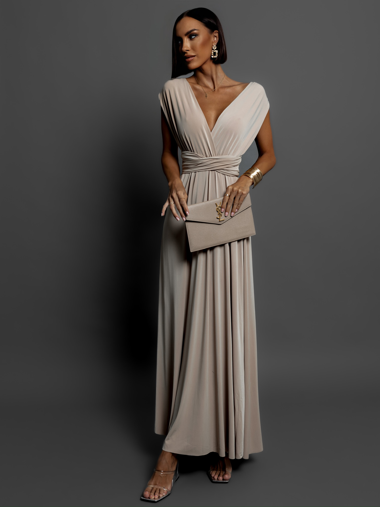 Béžové elegantní šaty BEATRICE s vázáním Velikost: ONESIZE - Obrázek 2