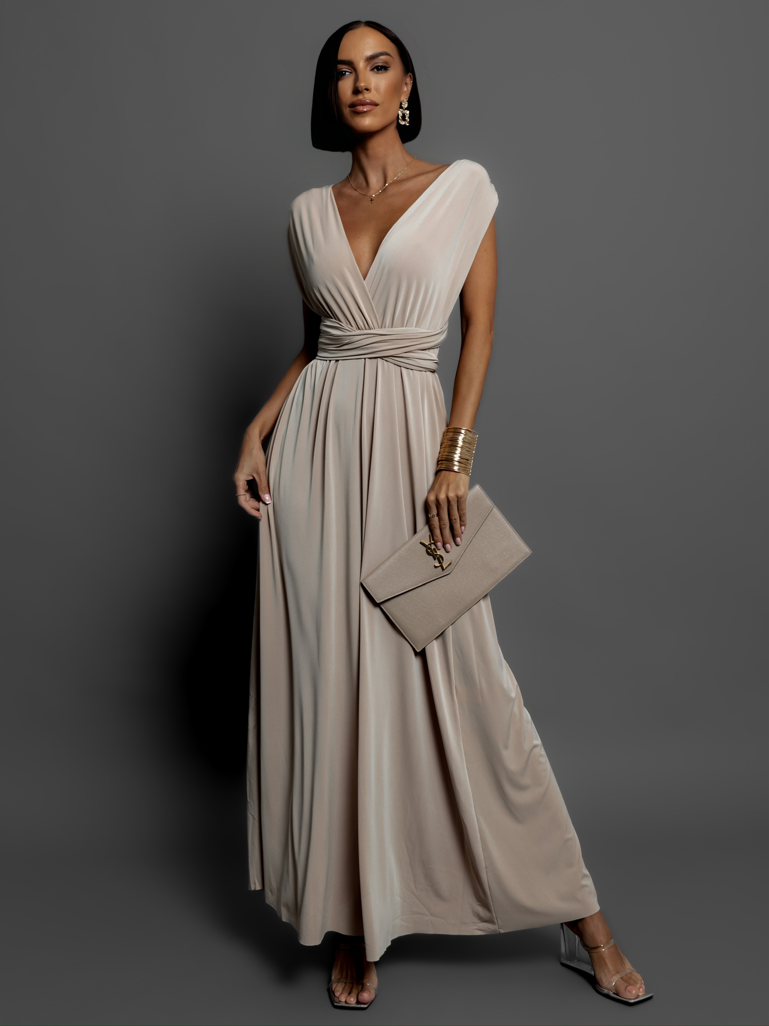 Béžové elegantní šaty BEATRICE s vázáním Velikost: ONESIZE - Obrázek 3