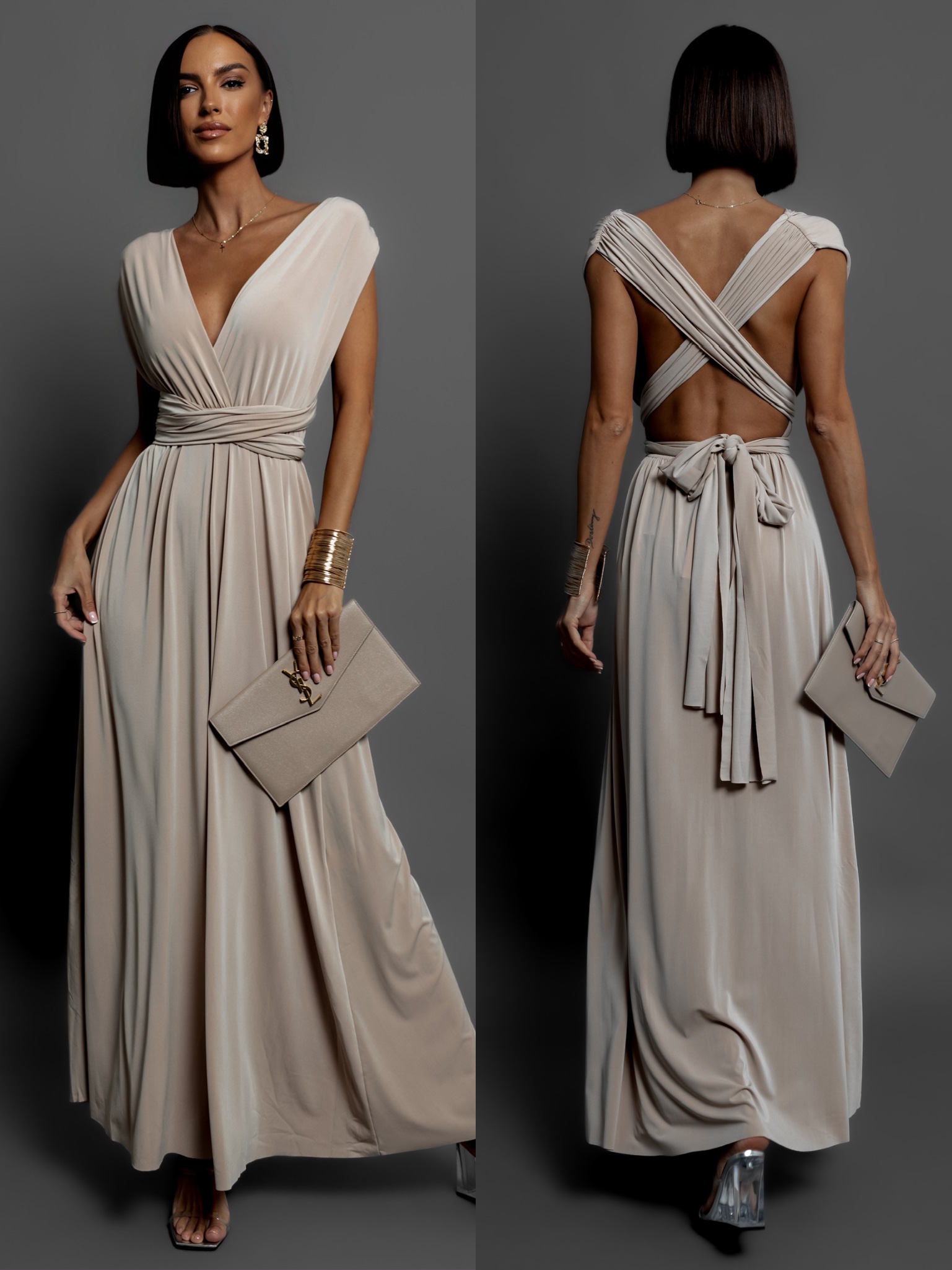 Béžové elegantní šaty BEATRICE s vázáním Velikost: ONESIZE