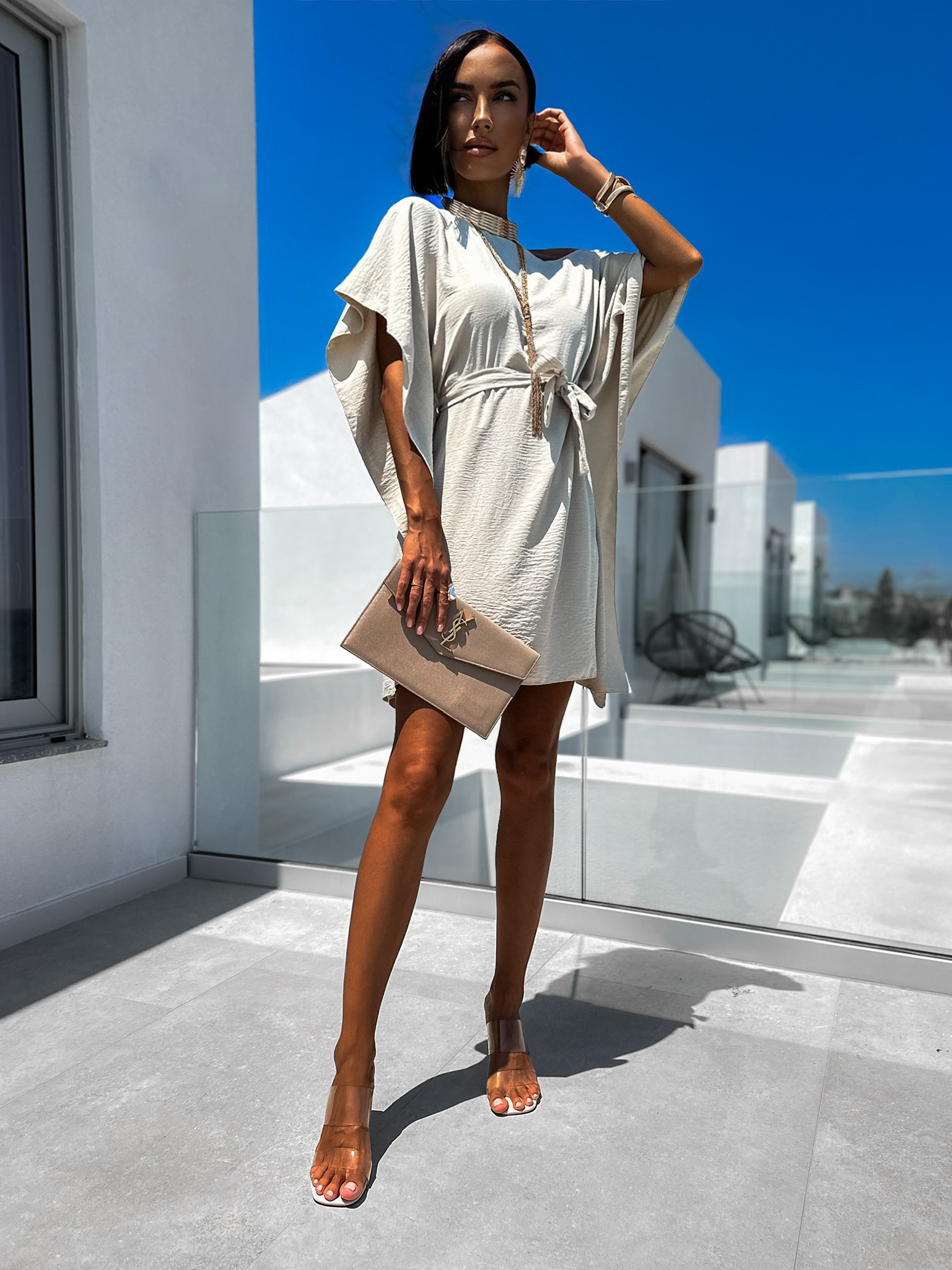 Béžové elegantní šaty MEERA na zavazování Velikost: ONESIZE - Obrázek 2